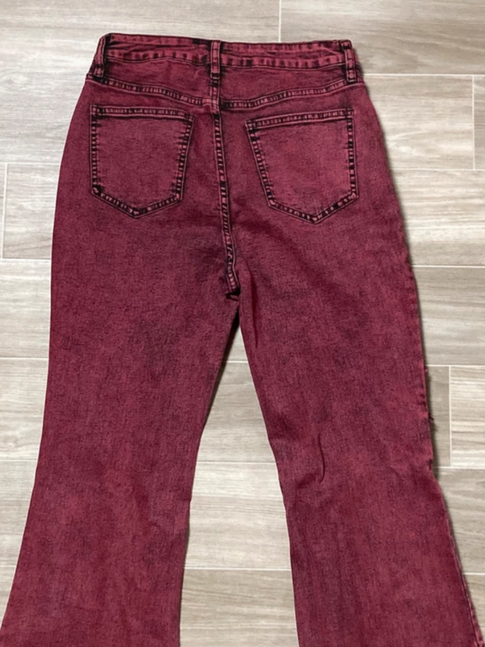 Fashion Nova Maroon Acid Wash Distressed Flare Jeans - Picture 4 of 8